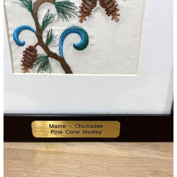 Maine - Chickadee with Pine Cones Embroidered Art Matte Framed 10 X 12 - Picture 2 of 5